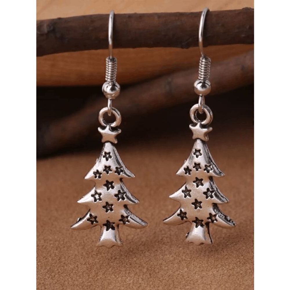 SILVER HOLIDAY CHRISTMAS TREE DANGLE EARRINGS